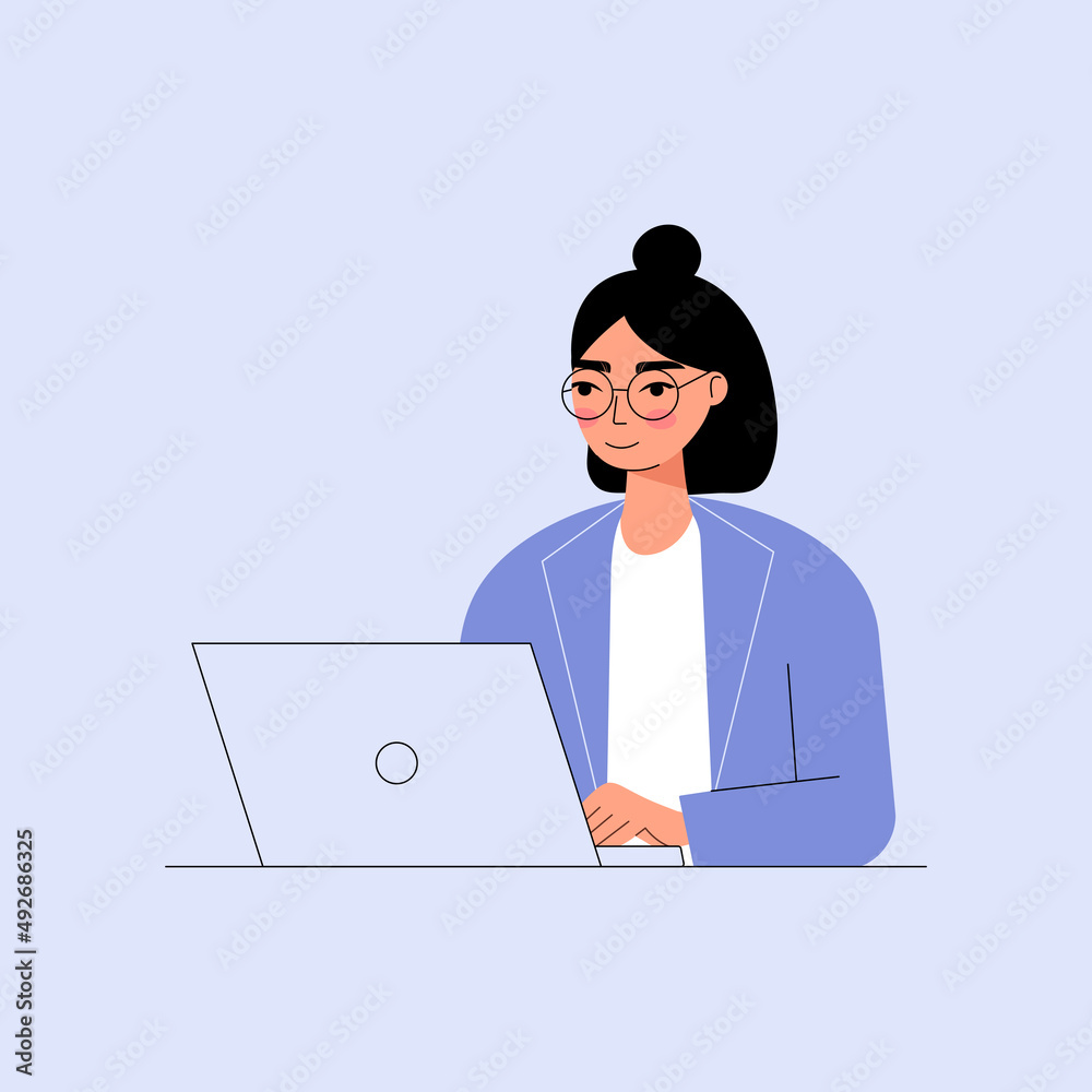 Woman sitting at table with laptop. Freelancing concept. Flat vector illustration of businesswoman at workplace.