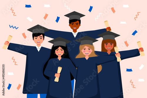 Students celebrate graduation day vector flat Illustration. Group of people wearing gown and graduation cap.