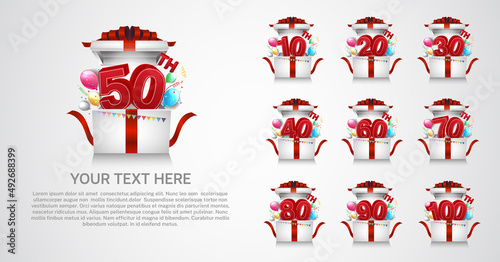 set anniversary logotype premium collection red color inside box and balloons isolated on white background
