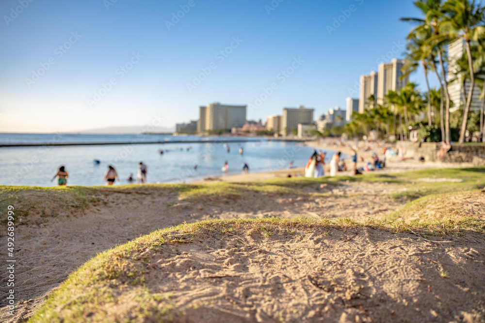 Closeup of a sand dune at Waikiki Beach in Honolulu, Hawaii, with the city skyline blurred in the distance. Very shallow focus on the edge of the dune, for effect.