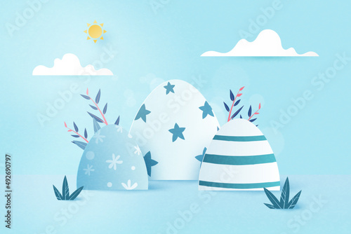 Wallpaper Mural Happy Easter background.Product display mockup.Banner template design.Paper Art Vector illustration. Torontodigital.ca