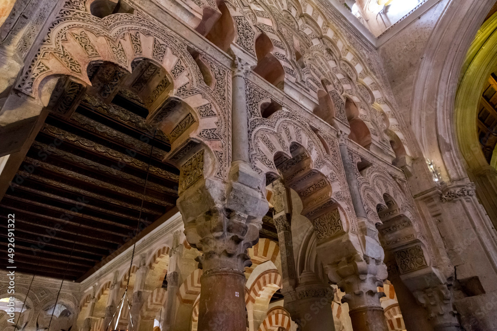 Interior view and decorative detail from the magnificent Mosque of Cordoba