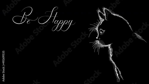 animated drawing of a kitten on a dark background with the inscription be happy