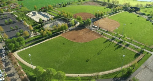 Aerial view of a multi-use playfield complex with soccer/lacrosse fields and softball fields with lights. photo