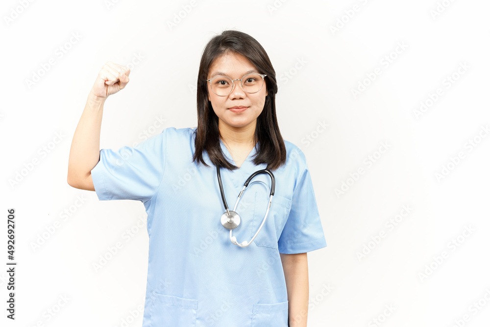 Showing Strength Arms Of Asian Young Doctor Isolated On White Background Showing Strength Arms Of Asian Young Doctor Isolated On White Background