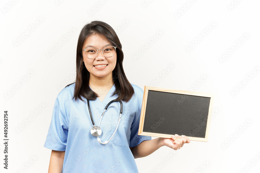 Showing, Presenting and holding Blank Blackboard Of Asian Young Doctor Isolated On White Background Showing, Presenting and holding Blank Blackboard Of Asian Young Doctor Isolated On White Background