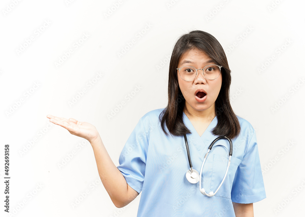 Presenting and Showing Product on Open Palm Of Asian Young Doctor Isolated On White Background Presenting and Showing Product on Open Palm Of Asian Young Doctor Isolated On White Background