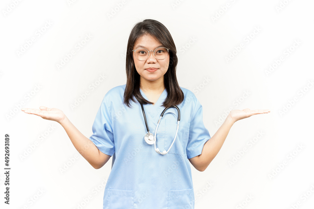 Presenting and Showing Two Product on Open Palm Of Asian Young Doctor Isolated On White Background Presenting and Showing Two Product on Open Palm Of Asian Young Doctor Isolated On White Background