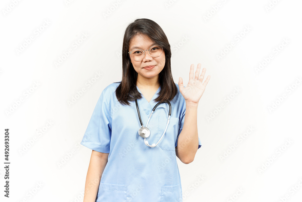 Hi or Hello Gesture Of Asian Young Doctor Isolated On White Background Hi or Hello Gesture Of Asian Young Doctor Isolated On White Background