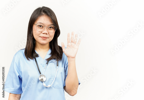Hi or Hello Gesture Of Asian Young Doctor Isolated On White Background