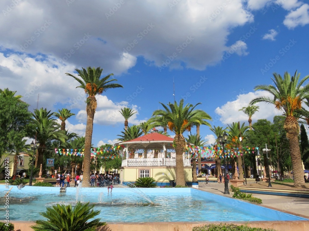 pool with kiosk, palm trees in the background, Jesus Maria, Aguascalientes, Mexico