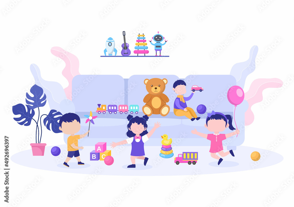 Cute Children Playing with Various Toy at Kindergarten in Flat Cartoon Style Illustration. Interior of Playroom for fun and Gaming Cute Children Playing with Various Toy at Kindergarten in Flat Cartoon Style Illustration. Interior of Playroom for fun and Gaming