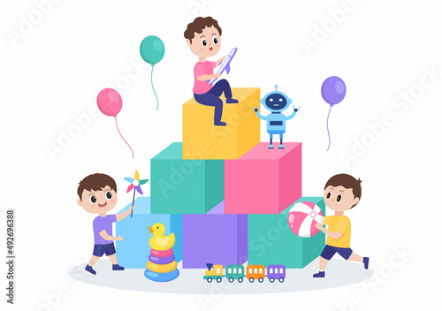 Cute Children Playing with Various Toy at Kindergarten in Flat Cartoon Style Illustration. Interior of Playroom for fun and Gaming