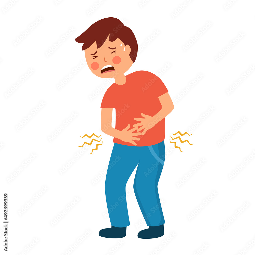 Boy kids feel pain in stomach concept on white background. Diarrhea or constipation. Abdomen disease and illness. Children has a stomachache.