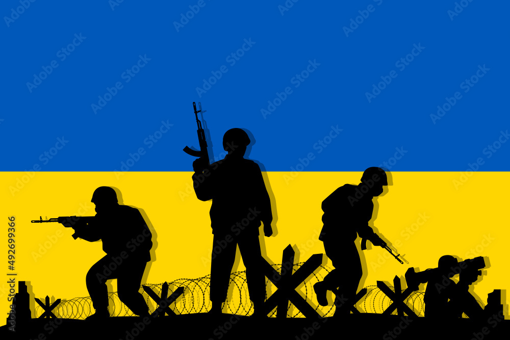 Obraz premium Ukrainian soldiers with rifle gun silhouette on flag vector, illustration for your background design, military man in the battle.
