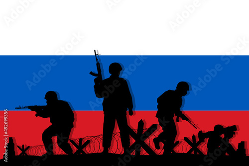 Russian soldiers with rifle gun silhouette on flag vector, illustration for your background design, military man in the battle.