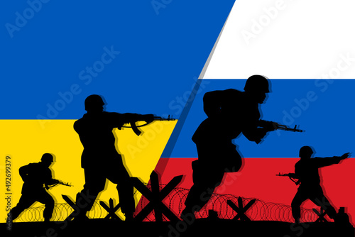 Soldiers with rifle gun silhouette on flag vector  Ukraine vs Russia war  illustration for your background design  military man in the battle.