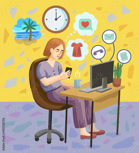 Young beautiful woman in office dreaming and procrastinating instead of working. Vector cartoon illustration. 