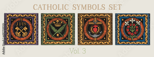 Catholic Symbols vector set of 4, vintage engraving. Catholic symbolism