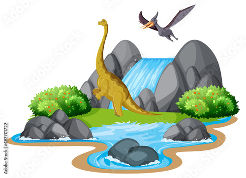 Scene with dinosaurs brachiosaurus on island