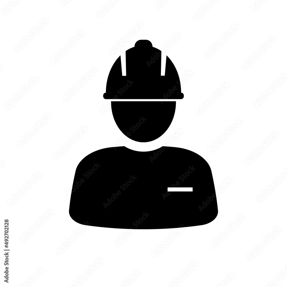 Illustration of a worker in a helmet in the form of a silhouette of a builder or a master engineer specialist. Worker icon with helmet isolated on white background. Vector graphics Illustration of a worker in a helmet in the form of a silhouette of a builder or a master engineer specialist. Worker icon with helmet isolated on white background. Vector graphics