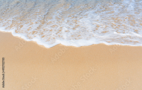 Top view of soft wave on sandy beach. Copy space © Pattarisara