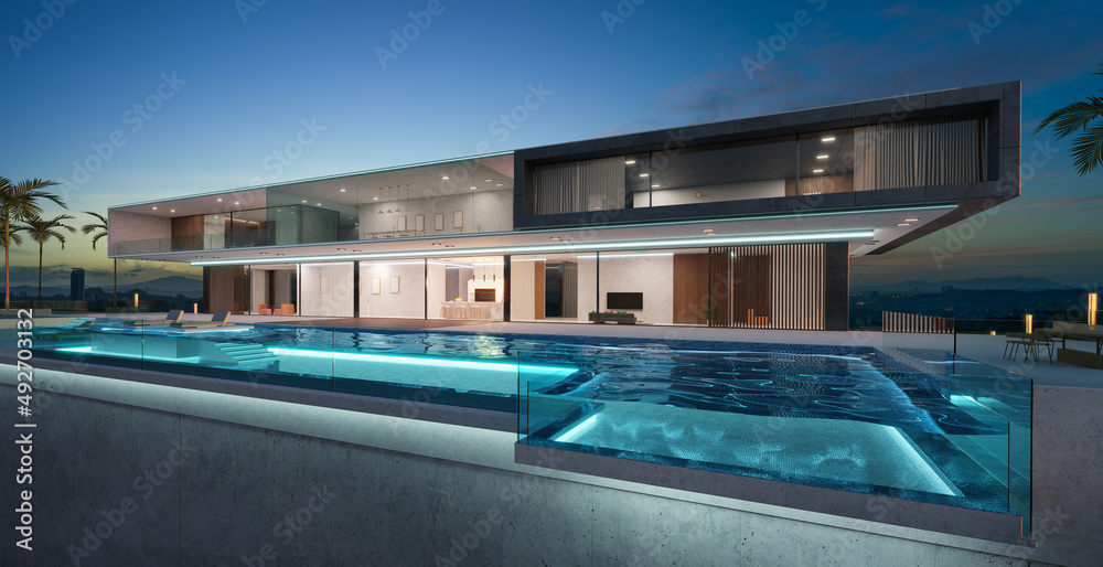Luxury villa exterior design with beautiful infinity pool