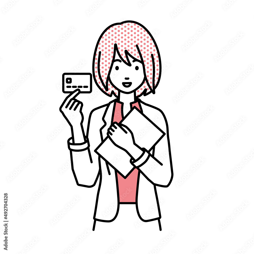 立って書類とカードを手に持つジャケットの女性 立って書類とカードを手に持つジャケットの女性