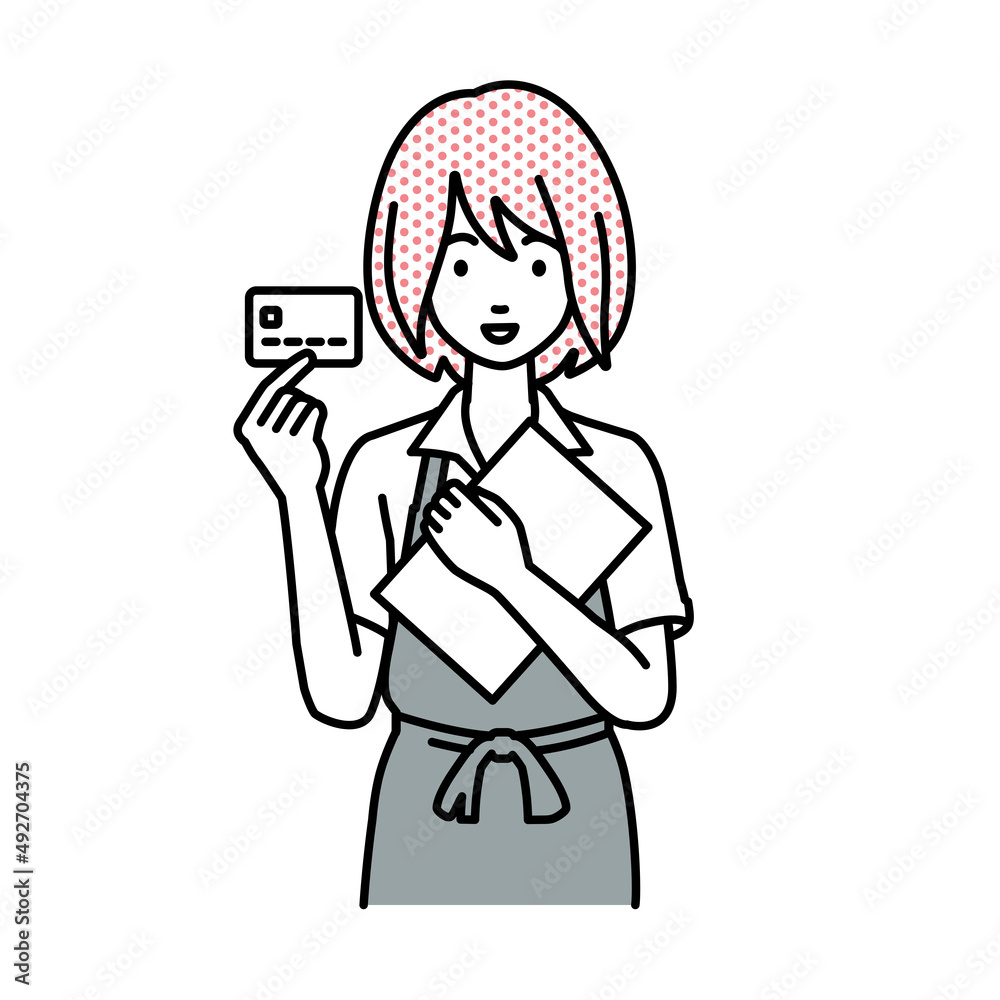 立って書類とカードを手に持つ店員の女性 立って書類とカードを手に持つ店員の女性