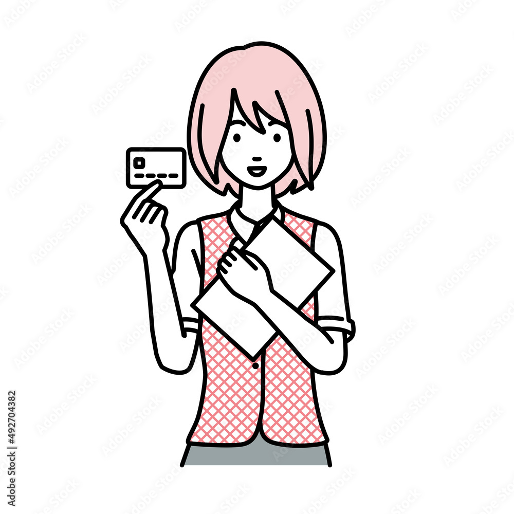 立って書類とカードを手に持つ事務員制服の女性 立って書類とカードを手に持つ事務員制服の女性