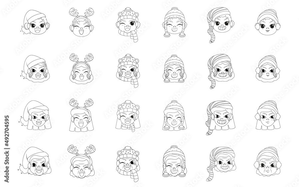 Set group woman winter christmas draw borderline cute face vector illustration Set group woman winter christmas draw borderline cute face vector illustration