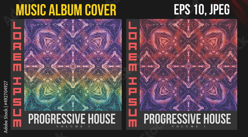 Music Album Cover Art. Abstract Vector Design of CD Cover and Vinyl Record. Electronic Music Album Presentation. Futuristic Color Visual Elements. Geometric Motion Background and Texture.