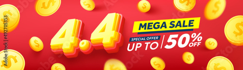 4.4 Shopping day Poster or banner with coins on red background.Sales banner template design for social media and website.April 4 Special Offer Sale 50% Off campaign or promotion.