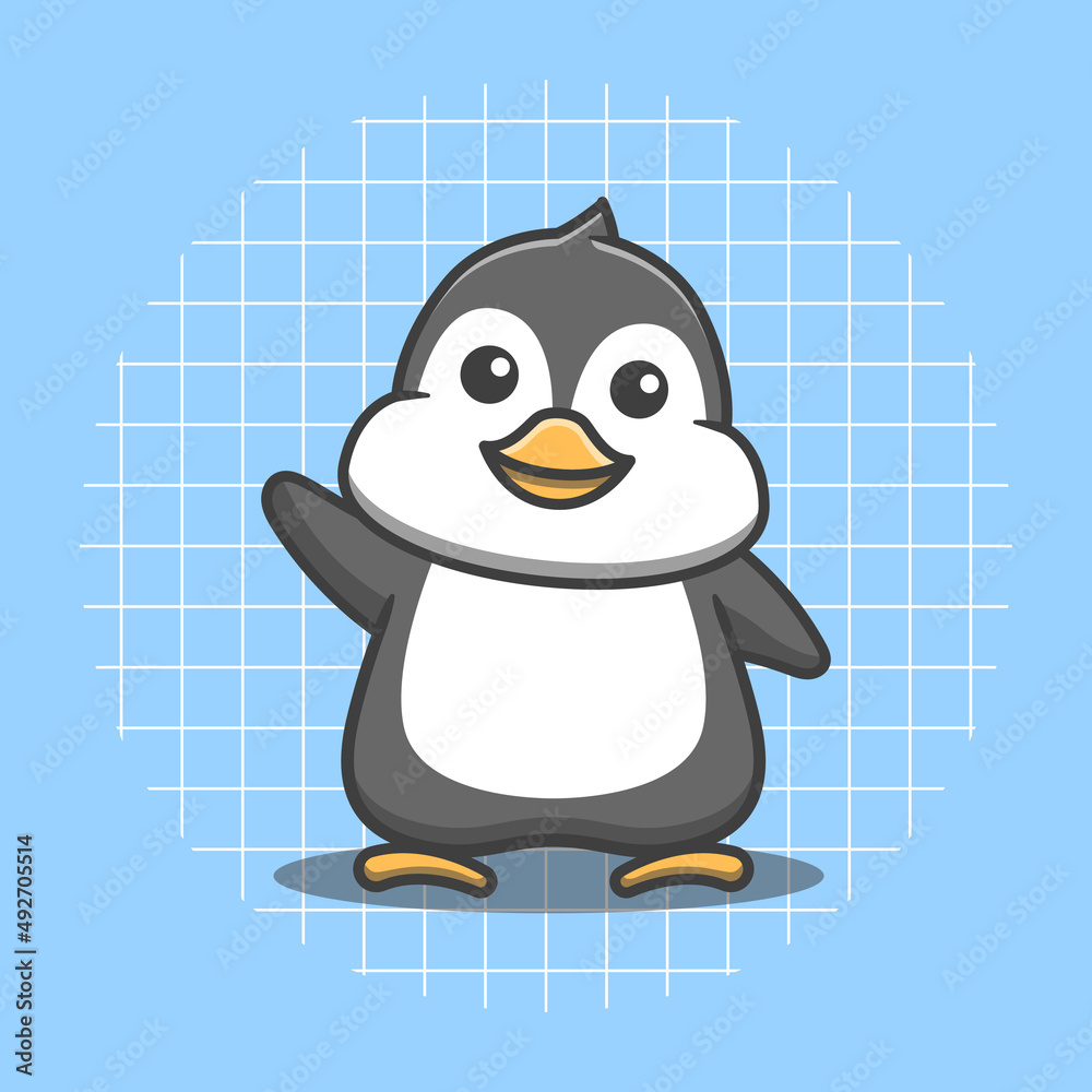 Naklejka premium Cute penguin character waving vector illustration. Flat cartoon style.
