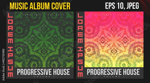Music Album Cover Art. Abstract Vector Design of CD Cover and Vinyl Record. Electronic Music Album Presentation. Futuristic Color Visual Elements. Geometric Motion Background and Texture.