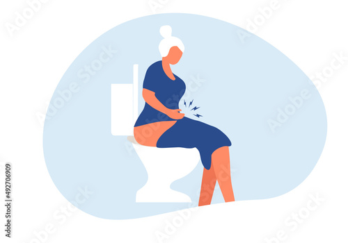 Elderly woman sitting on toilet suffering with constipation, diarrhea, stomach ache and normal digestive system vector illustrations 
