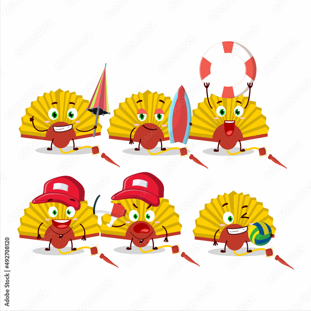 Happy Face yellow chinese fan cartoon character playing on a beach Stock Vector | Adobe Stock Happy Face yellow chinese fan cartoon character playing on a beach Stock Vector | Adobe Stock