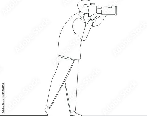 Simple continuous line drawing a people taking picture with tele lenses. Scenes from the Studio. Vector illustration.