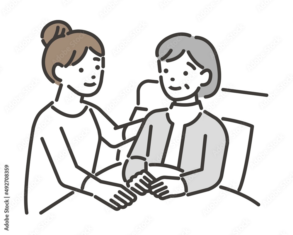 シニアを介護する若い女性のベクターイラスト素材/車椅子/高齢者/福祉士 シニアを介護する若い女性のベクターイラスト素材/車椅子/高齢者/福祉士
