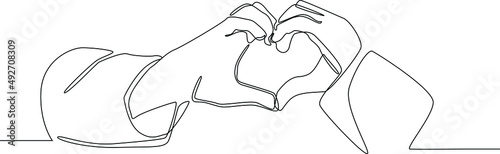 Continuous line drawing of hand  in Shape of Heart. Symbol medicine. Vector illustration.