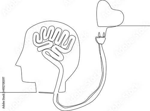 Continuous line drawing of brain and hear are connected by wire. Symbol medicine. Vector illustration. photo