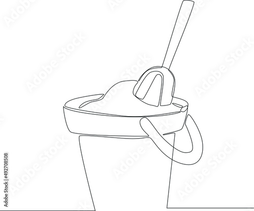 Simple continuous line drawing sand bucket  and shovel on beach. The symbol of a holiday by the sea. Summer timer. Vector Illustration.