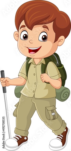 Cartoon explorer boy with walking stick