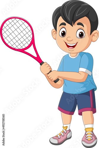 Cartoon little boy playing tennis