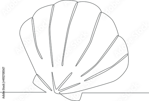 Single continuous line drawing, scallops shell on the beach. The symbol of a holiday by the sea. Summer timer. Vector Illustration.