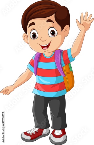Cartoon happy school boy waving hand