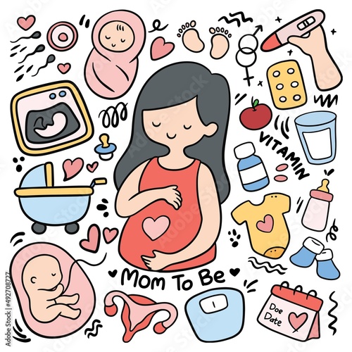Pregnant Doodle Set, Mom with Newborn Related Equipment, Vector Illustration