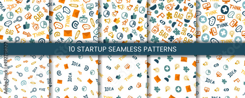 Set of business hand drawn doodles seamless pattern background with startup technology icon. Sketch Arrow, Laptop, Hand, Email, Career,  Project, Idea, Infographic, Rocket cartoon vector illustration