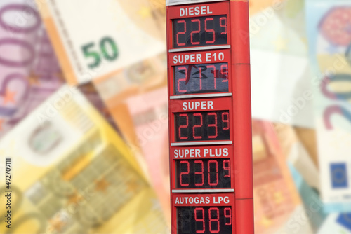 Euro Geldscheine, Tankstelle und hohe Preise für Kraftstoffe in Deutschland