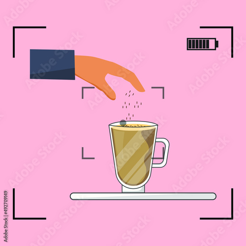 Camera taking picture of tasty cappuccino coffee in studio. Colored flat vector illustration. 